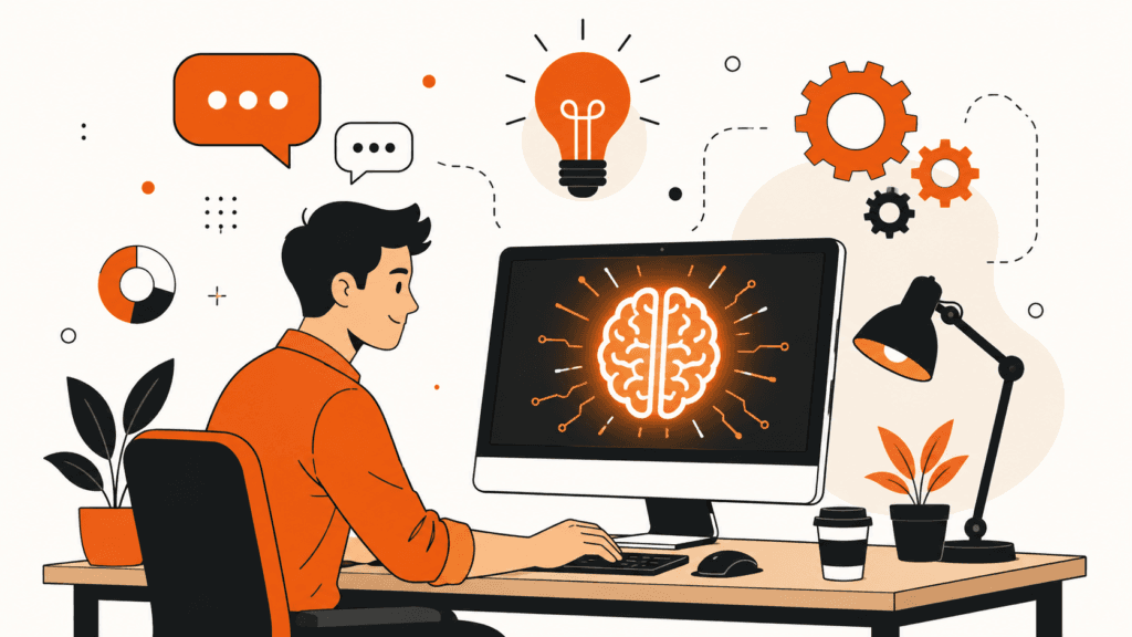 apa itu AI - ilustrasi orang guna komputer dengan otak AI