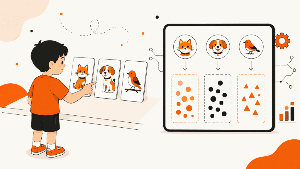 Cara AI belajar mengenal pasti corak daripada data, seperti kanak-kanak belajar mengenal haiwan melalui flashcard