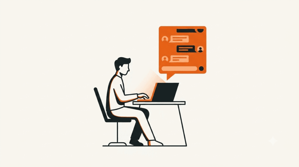 Ilustrasi orang menaik di laptop dengan paparan perbualan ChatGPT