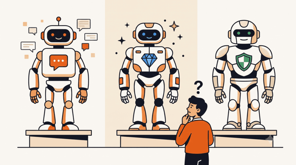 Ilustrasi tiga robot AI mewakili ChatGPT, Gemini dan Claude dengan pelajar memilih yang terbaik