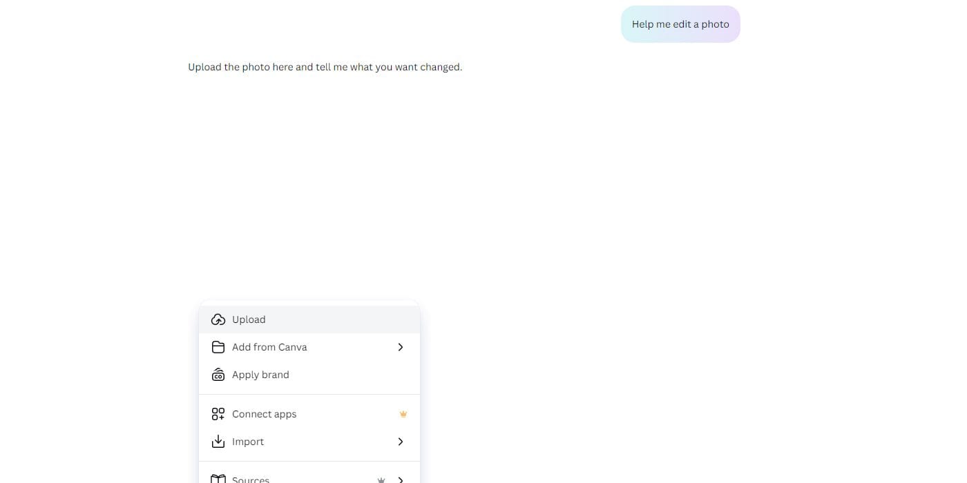 Pilihan “Upload” dan “Add from Canva” dalam Canva AI untuk memilih sumber foto