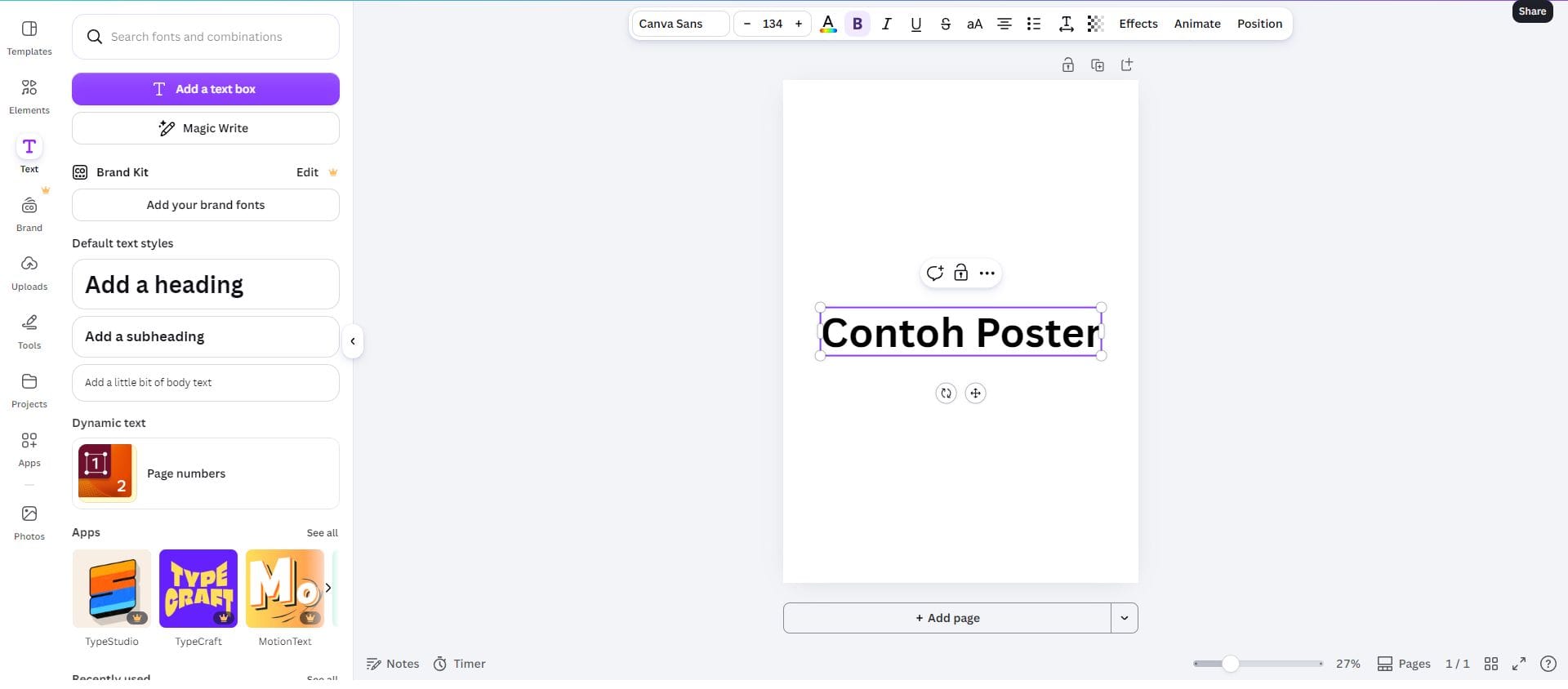 Editor Canva yang menunjukkan tajuk poster dipilih dengan saiz dan ketebalan yang jelas