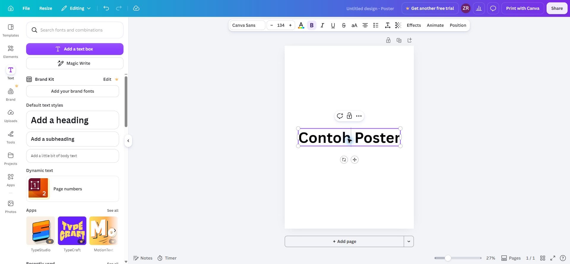 Editor Canva pada zum kecil untuk menyemak hierarki dan kebolehbacaan poster