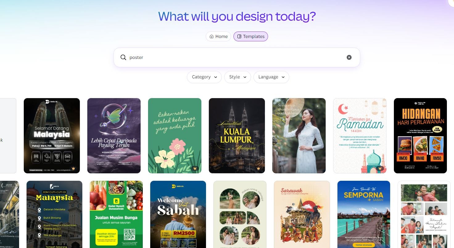 Hasil carian template Poster dalam Canva dengan penapis kategori, gaya dan bahasa