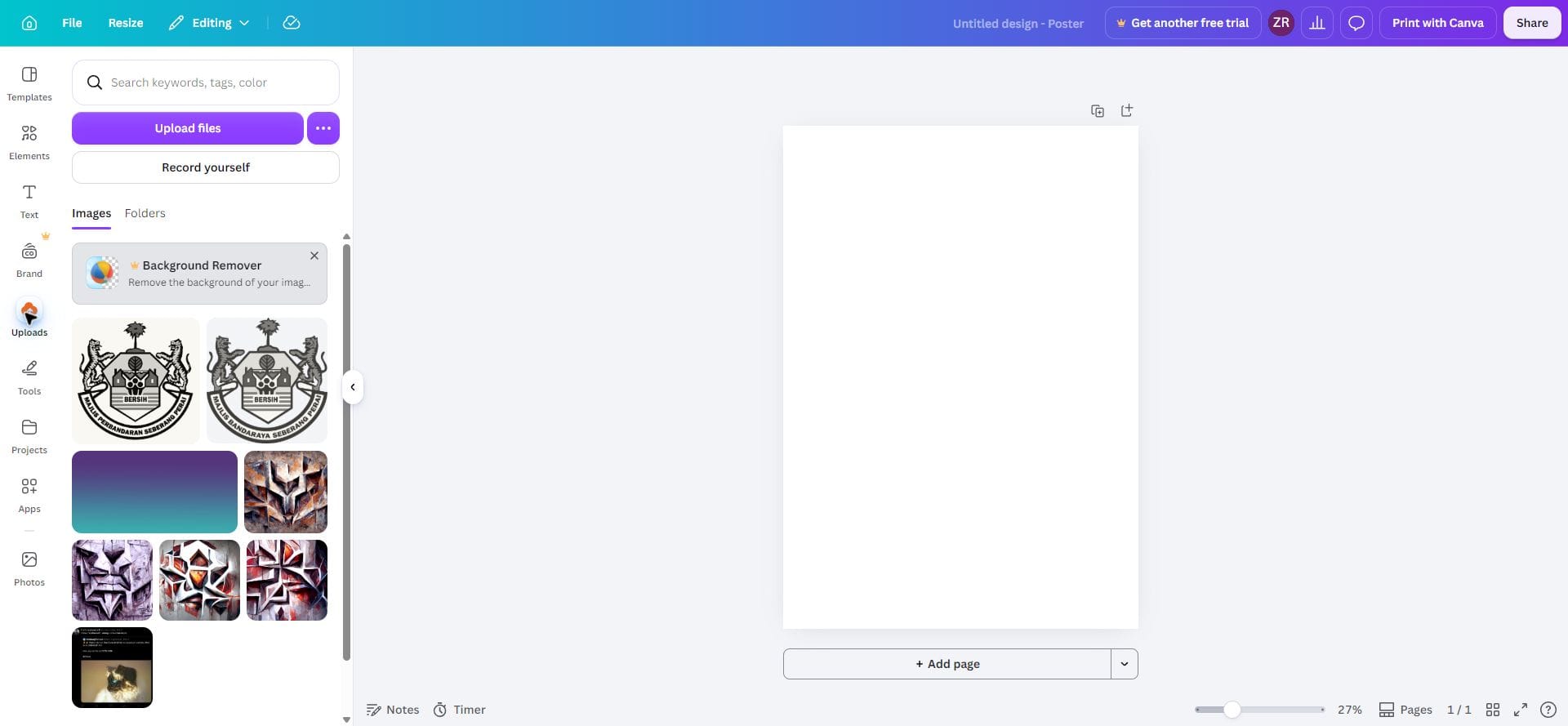 Panel Uploads Canva untuk menambah fail visual sendiri ke dalam poster