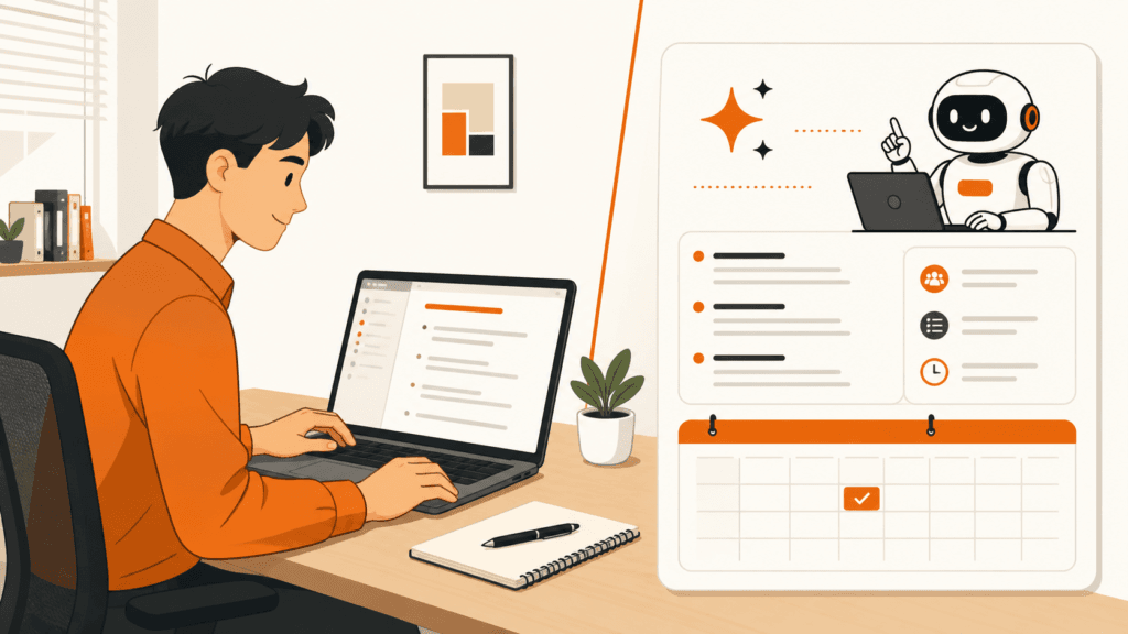 Ilustrasi menyusun nota mesyuarat dengan bantuan AI dan kalendar tindakan